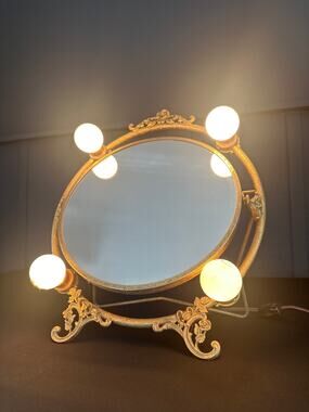 Vintage Art Nouveau Hollywood Regency Lighted Round Gold Vanity Double Mirror